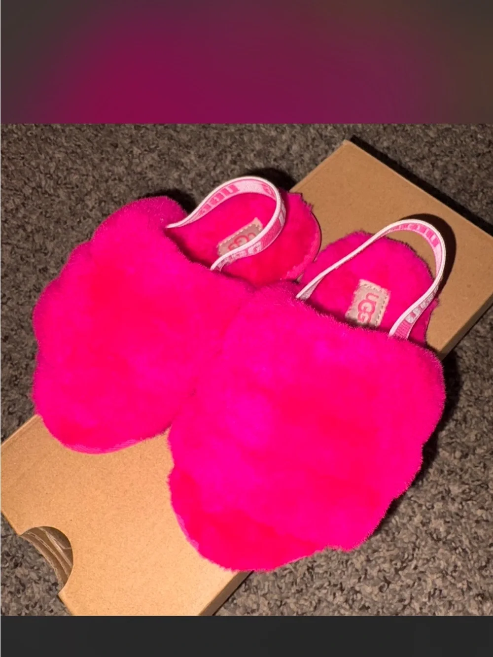 UGG Kids Hot Pink Fluffy Slide Sandals